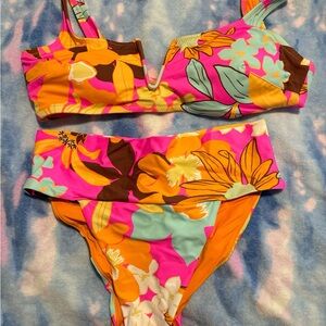 Aerie Floral Bikini in Pink, Orange, and Brown